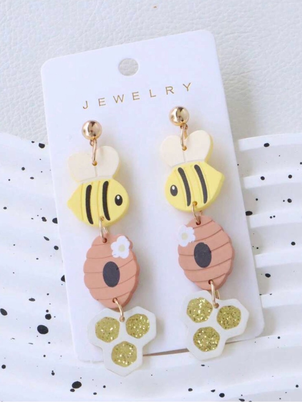 Bee & Hive Dangle Earrings - Yellow, Peach, White